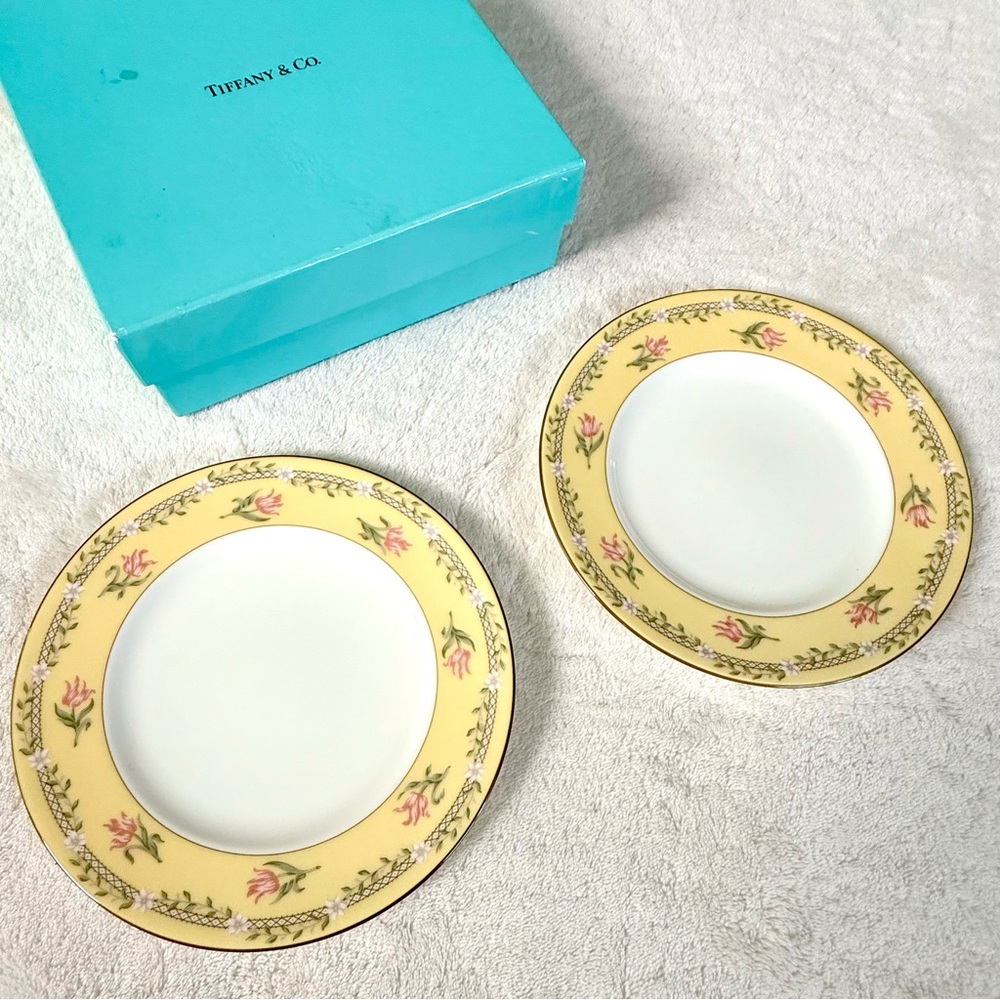 Vintage Tiffany & Co. 2 Pcs Set 7” Porcelain Dessert Plates in Pink Tulip (NIB)